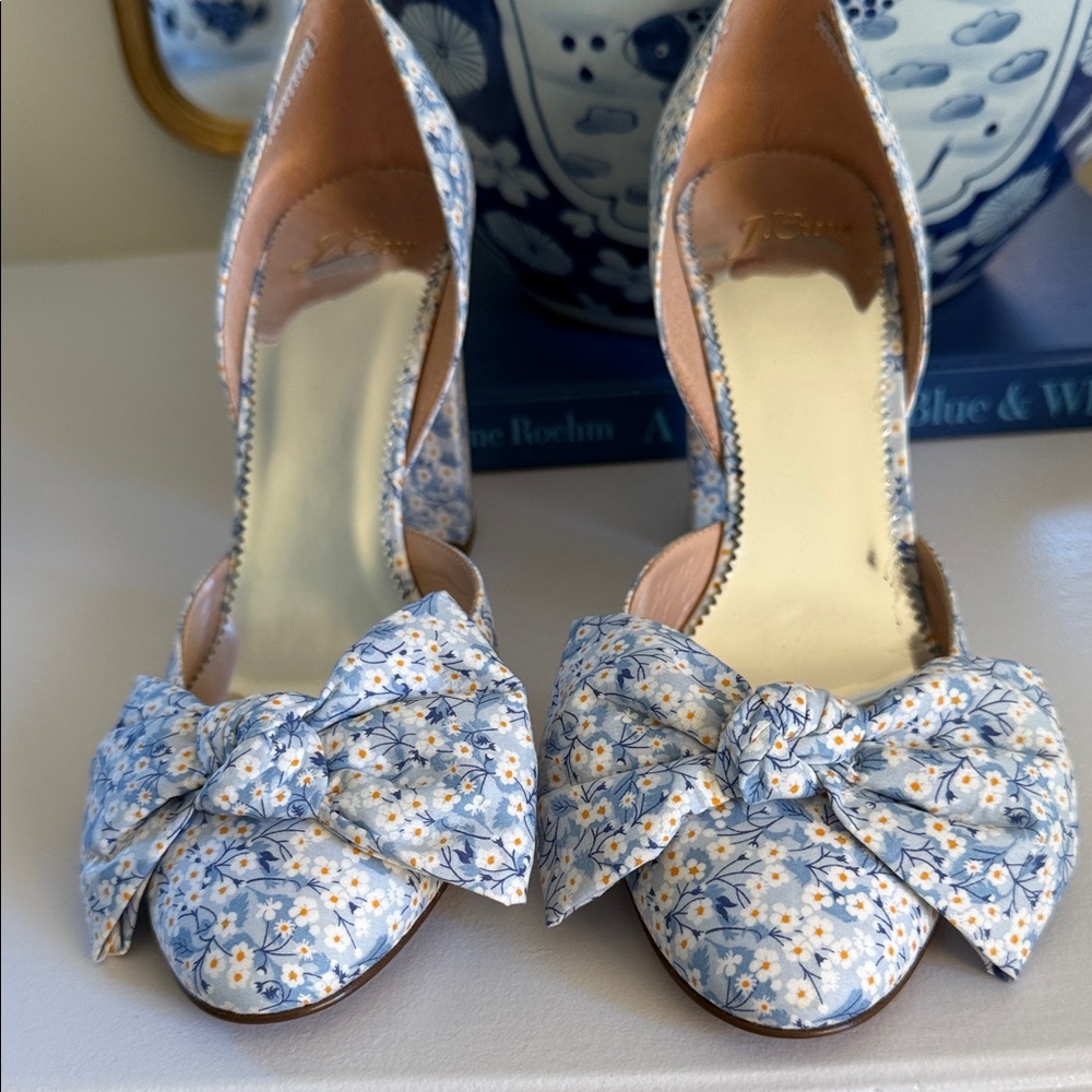 J. Crew Light Blue Floral Bow Peep-Toe Heels